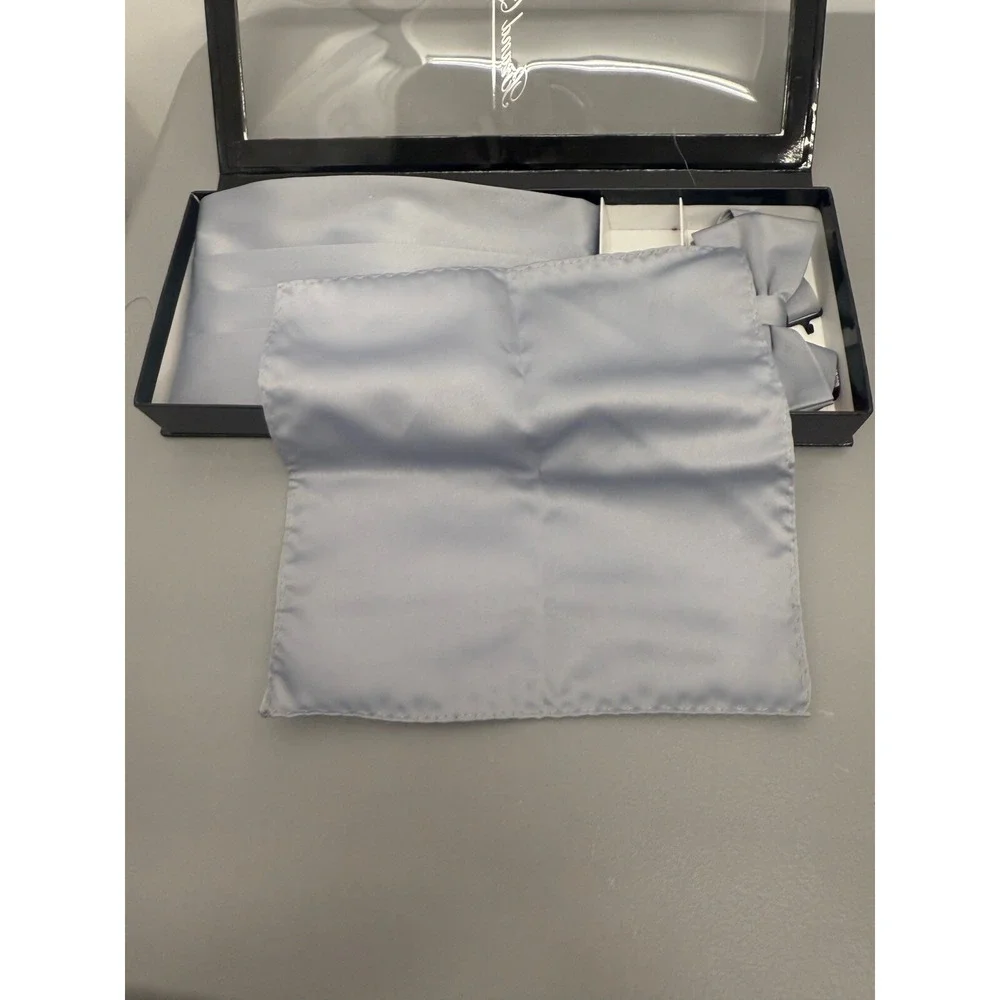 New In Box Brand Q Silver Gray Cummerbund‎ Bowtie Hankie Set Wedding Prom  #5